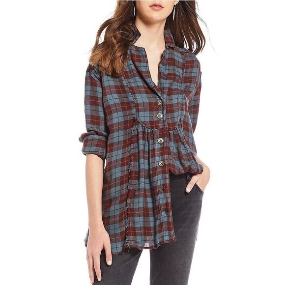 Free People All About The Feels plaid button down wool blend button shirt medium - Picture 1 of 7